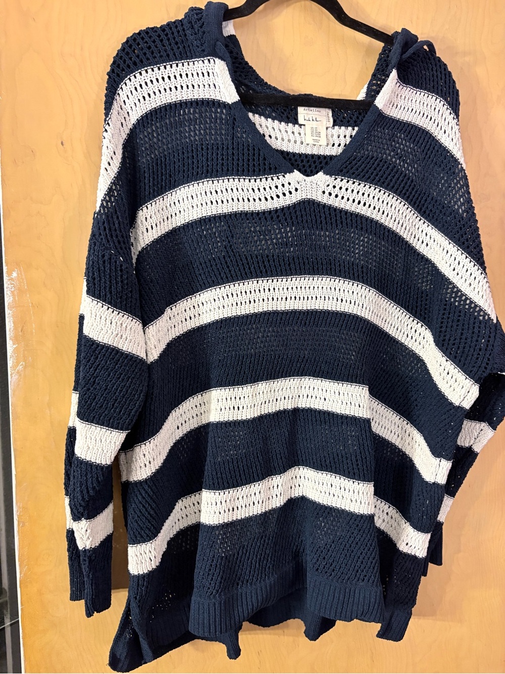 Nicole Miller Navy & White Striped Open-Knit V-Neck Sweater